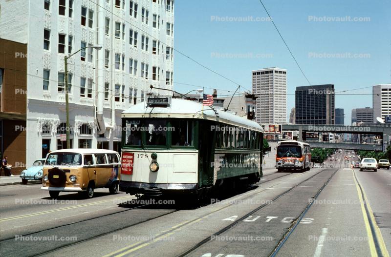 Trolley 178, Muni, Market Street, cars, buildings, Highway 101, July 4 1982, 1980s