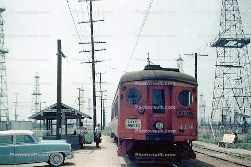 Pacific Electric Railway, Interurban, Blimp, 414, Signal Hill, car, Derricks, station, hut, Los Angeles, 1954, 1950s
