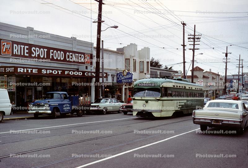 Rite Spot Food Center, cars, San Francisco Muni Trolley, 1970s
