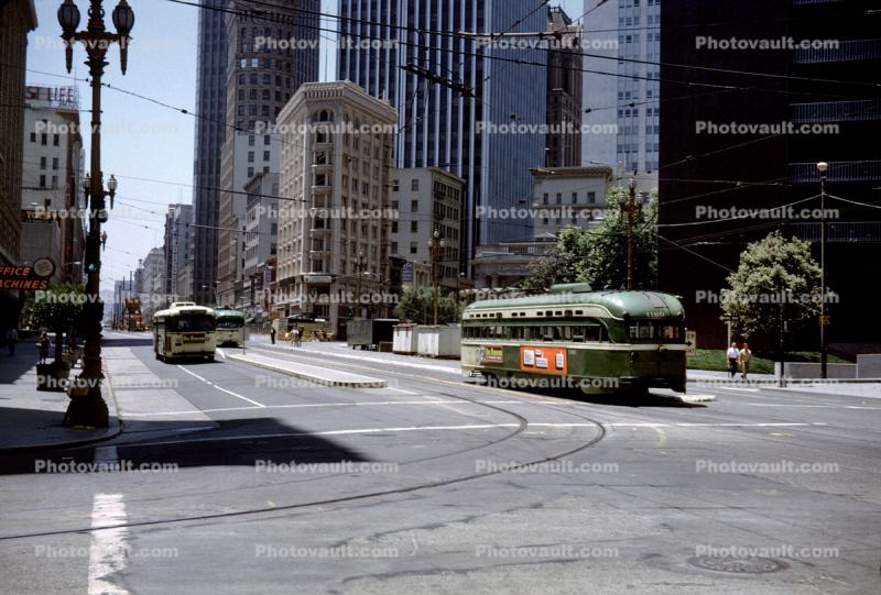 Market Street PCC Trolley, trackless trolley, buildings, 1960s