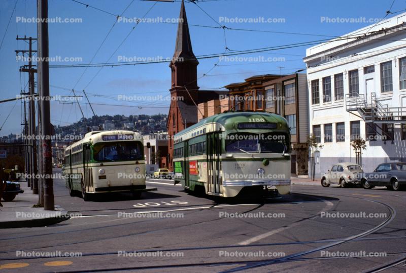 PCC 1155 San Francisco Muni Trolley, Trackless Trolley, street, buildings, June 1975, 1970s