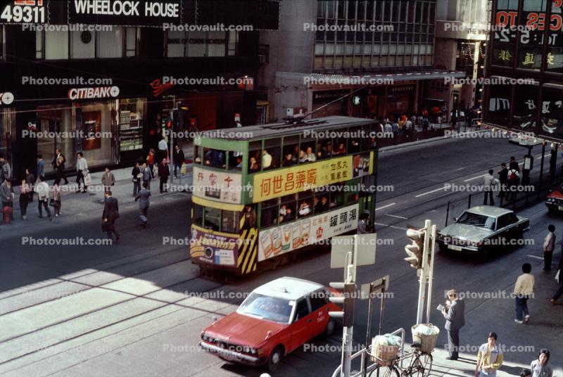Hong Kong Trolley, cars, taxi cab, Wheelock House, citibank, 1985