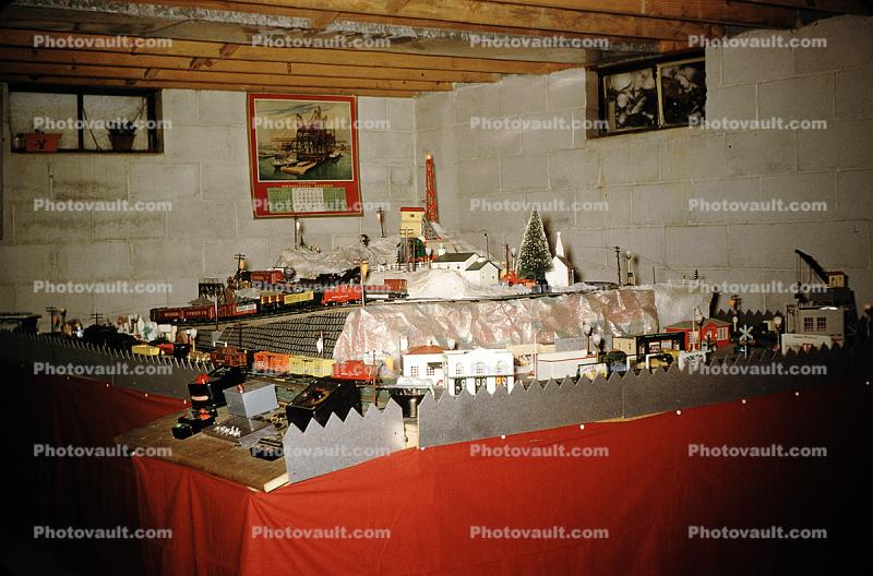 Model Train Layout, streets, houses, buildings, retro, February 1958, 1950s