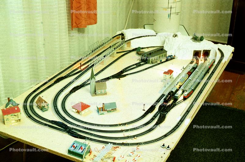 Model Train Layout, streets, houses, buildings, retro