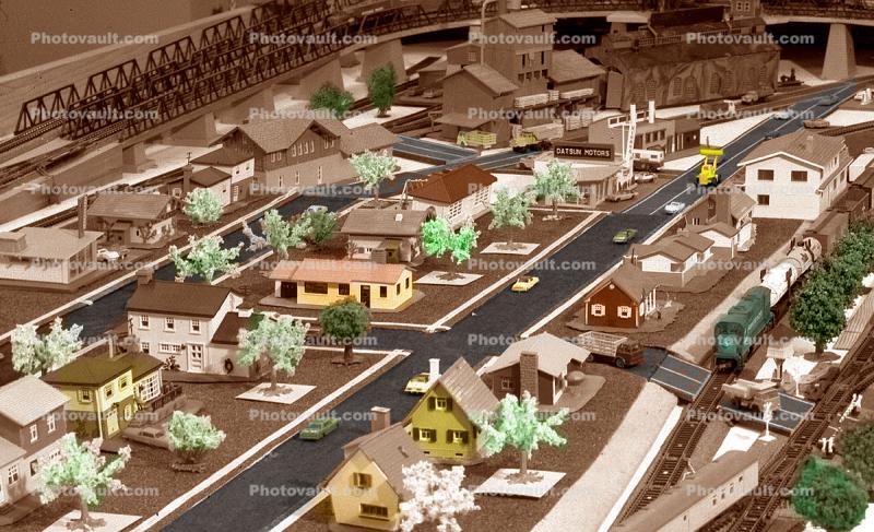 Plasticville, Model Train Layout, streets, houses, buildings, retro