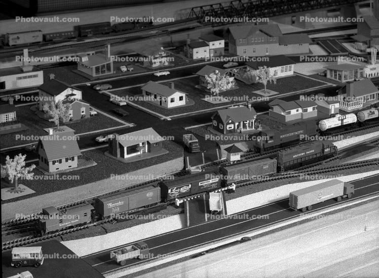 Model Railroad Layout, homes, houses, models, caboose, 1950s
