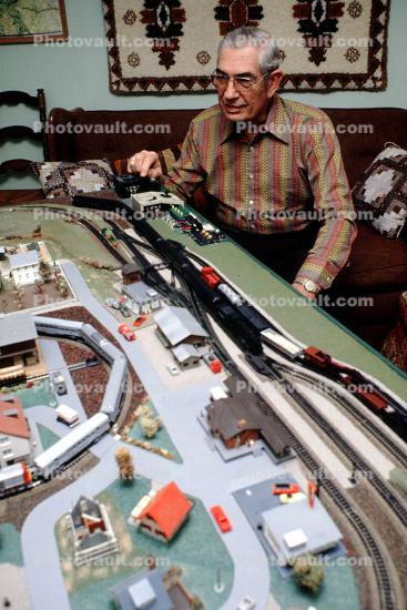 Model Train Layout, streets, houses, buildings, 1950s