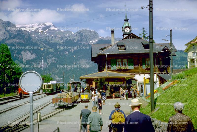 Train Station, Clock Tower, Terminal, Depot, landmark building, Wengen, Switzerland, 1950s