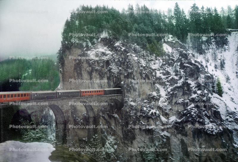 Landwasser Viaduct, Glacier Express, Bernina Express, Craubunden, Rocky Hills in the Winter, April 1985