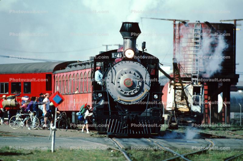 CWR X-45, 2-8-2, The Skunk Train, Mikado steam powered locomotive head-on, California Western Railroad, Fort Bragg