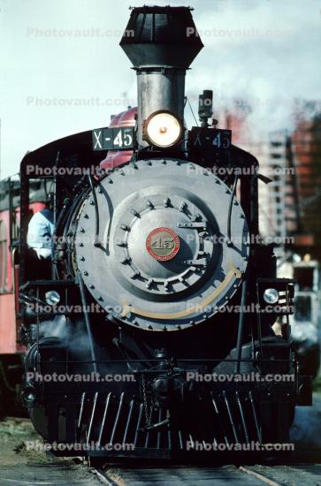 CWR X-45 head-on, 2-8-2, The Skunk Train, Mikado steam powered locomotive, California Western Railroad, Fort Bragg