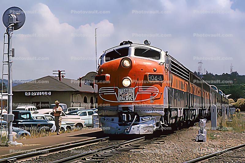 WP 804-A, EMD F7A, Western Pacific California Zephyr, 804A, Oroville, Train Station, F-Unit, 1950s