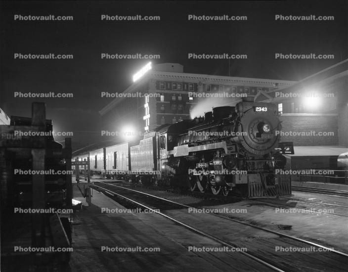 CPR 2343, 4-6-4, Steam Locomotive, Night, nighttime, Canadian Pacific, 1950s