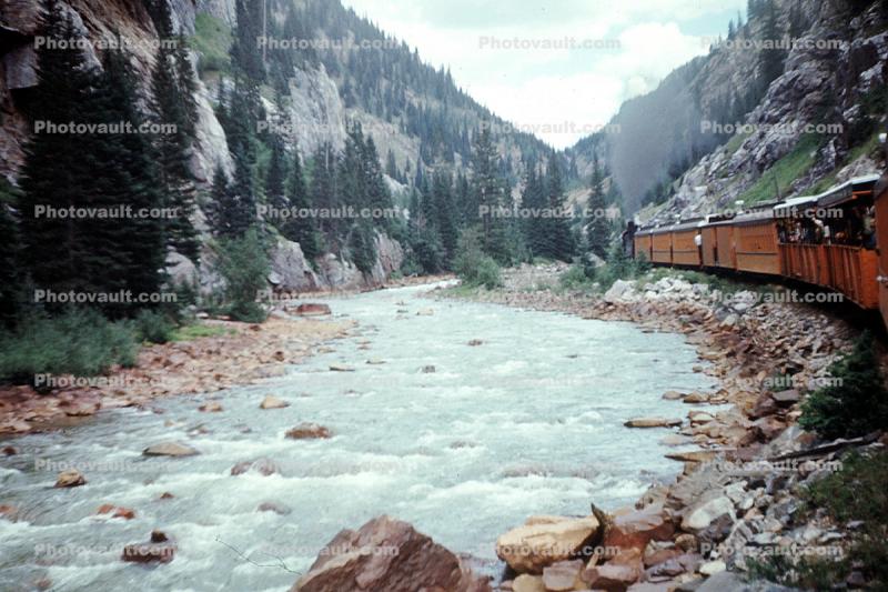 Cumbres & Toltec Scenic Railroad, D&RGW, Rio Grande River, Canyon near Durango, Passenger Railcar, 1969, 1960s