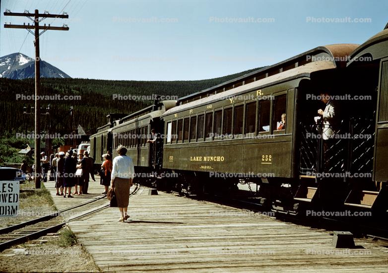 WPY July 1969, Lake Muncho, White Pass & Yukon Route Railway, platform, Passengers, 1950s