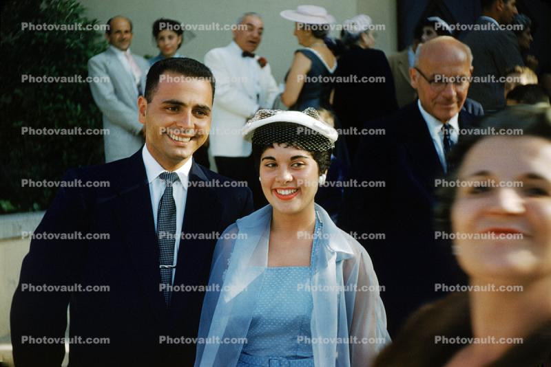 Smiling Guests, Poeple, Man, Woman, Tie, Hat, 1950s, Hobart Indiana