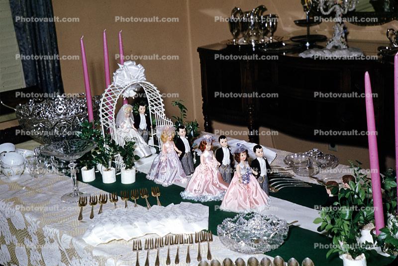 wedding scene with dolls, candle, 1950s