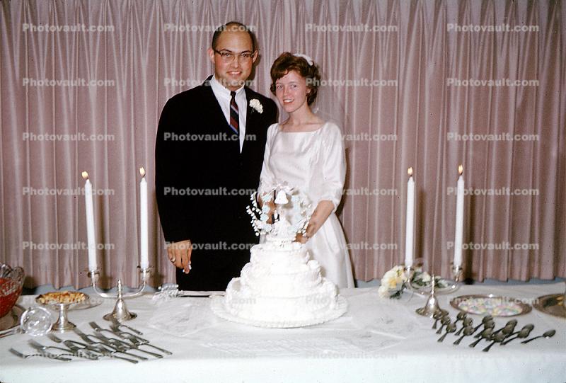 Bride and Groom, cake, candles, 1960s
