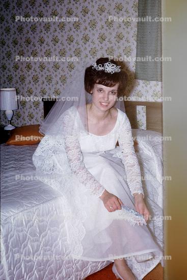 Bride, bed, bedroom, veil, 1960s