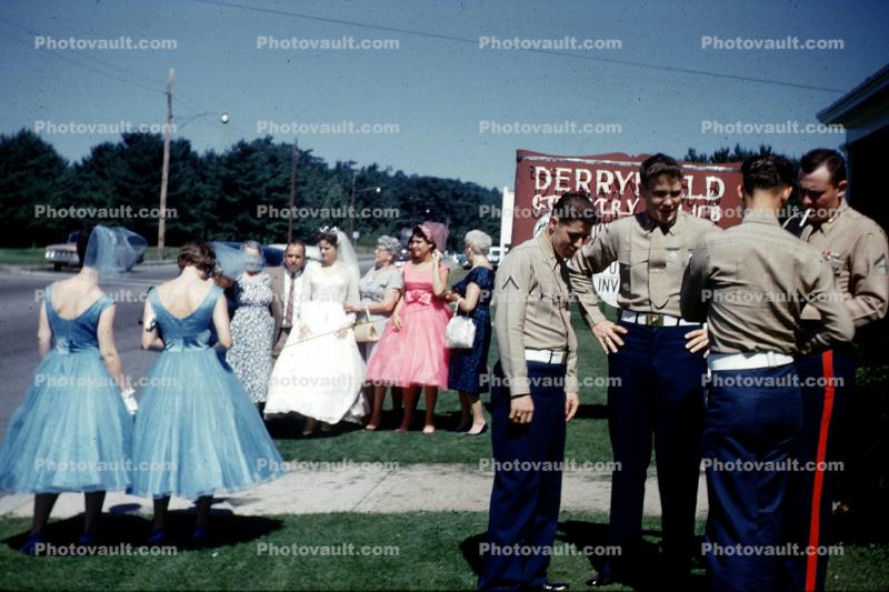 women, bridesmaids, men, Marines, Derryfield Country Club, Manchester, New Hampshire, September 1959, 1950s