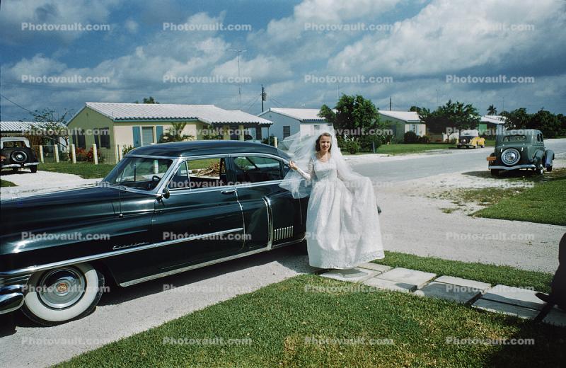 Wedding Bride, Cadillac Limousine, suburbs, 1950s