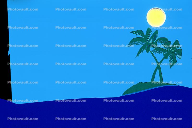 Palm Tree, Ocean, Lone Island, Uncharted Island, Sun, Blank Area for Titles