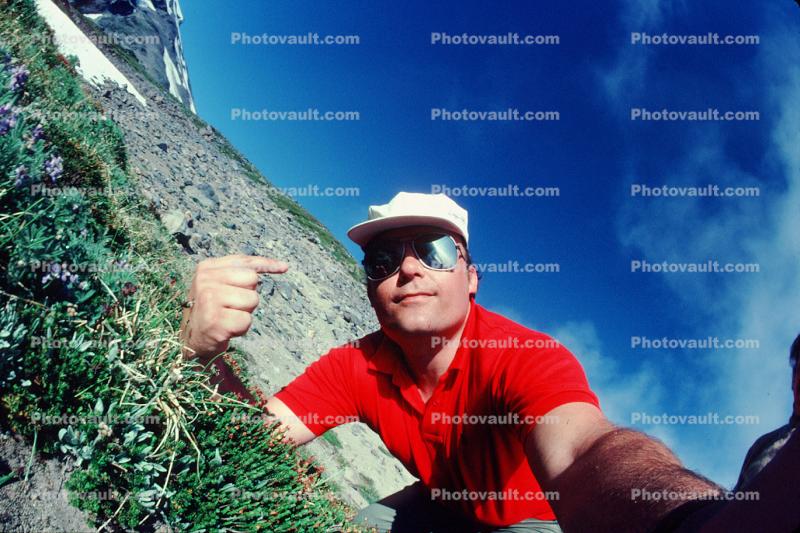 selfie, That is me pointing to me image taken by me, our hike close to the top of Mount Rainier, 1988, 1980s