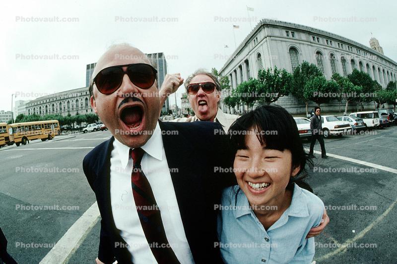 Me with the darling Noriko, and her strange husband in the background pretending to be a homeless creature, 6 August 1991