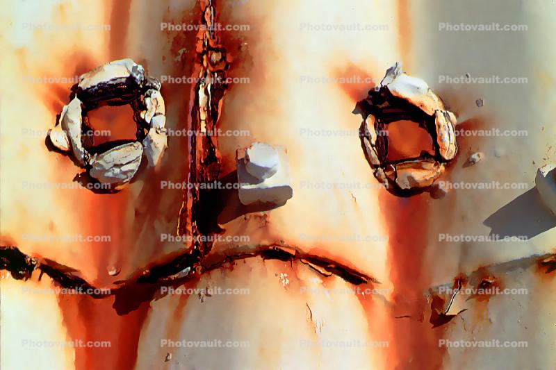 Sad Rust Face Crying, Corrugated metal, rusty, eyes, mouth, nose, tearing rusty, sad, tears, rivet nose, bolt eyes, drippy, Pareidolia Abstract
