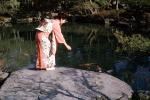 Woman, Kimono, Koi Pond, Feeding, Rock, Water
