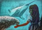 Girl with a Seal and Dolphin, interspecies, caring, gentle, water, underwater, AOSD01_099