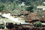 village, Building, Temple, building, street, train locomotive, smoke, Padang