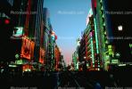 Highrise Buildings, shops, night, nighttime, vanishing point, Ginza District, Tokyo, CAJV01P08_06.0628
