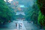 The Temples in the Rain, Shrine, Forest, people with umbrellas, Kamakura
