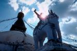 Elephant Statue, Flags, Stupa Boudhanath, Kathmandu, Sacred Place, Buddhist Shrine, temple, building, CANV01P04_05.3339