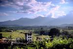 Kathmandu Valley, buildings, fields, clouds, mountains