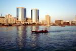 Deira Twin Towers, Dubai Creek, Waterfront, shoreline, buildings, boat, UAE, United Arab Emirates, CAPV02P02_04