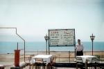 Lido, Restaurant, tables, signage, waiter, man, Dead Sea, September 1961, 1960s
