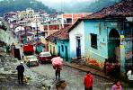 Homes, buildings, cars, street, hill, Chichicastenago, Guatemala, automobile, vehicles