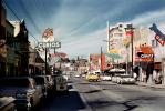 Cars, shops, stores, Downtown, buildings, Curios, hotel, 1950s
