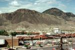 Cars, shopping center, automobiles, mall, buildings, mountains, desert, 1970s, CCAV01P10_02