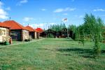 Log Cabins, footpath, buildings, God's Lake Lodge, Manitoba, Canada