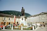 Mozart, Salzburg, statue, statuary, landmark, wreath, buildings, CEAV01P09_17