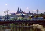 Bridge, Bus, Lamps, water, Vltava River, Prague Castle, Shoreline, CECV02P03_09