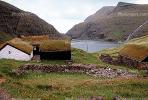 village, sod houses, sod roofs, inlet, mountains, grass, stone wall, fjord, Buildings