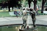 Children in Embrace, Water Fountain, aquatics, bench, park