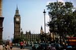 Big Ben, Parliment building, tower, landmark, cars, London, outdoor clock, outside, exterior, building, 1950s, CEEV01P02_03