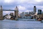 HMS Belfast (C35), Royal Navy light cruiser, Tower Bridge, London, River Thames, CEEV04P01_03.2583