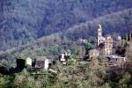 Village, buildings, homes, houses, hill, hillside, church, tower, forest