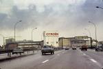Citroen building, cars, highway, road, December 1985